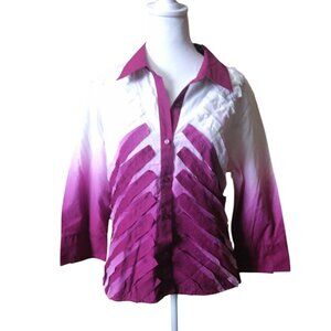 Samuel Dong Women's Large Ombre 3/4 Sleeve Button Front Blouse Top Collared NEW